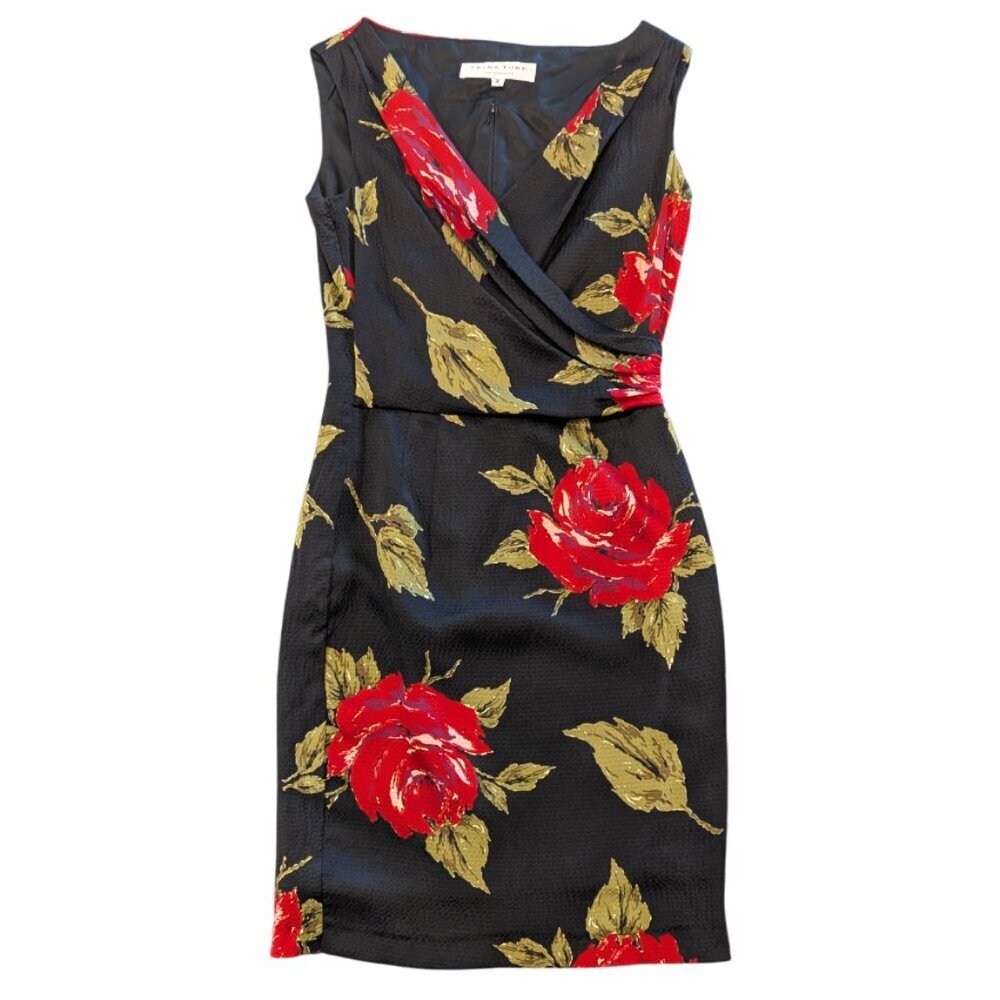 TRINA TURK 100% Silk Surplice Dress 2 Floral Black Red Roses Leaves Sleeveless